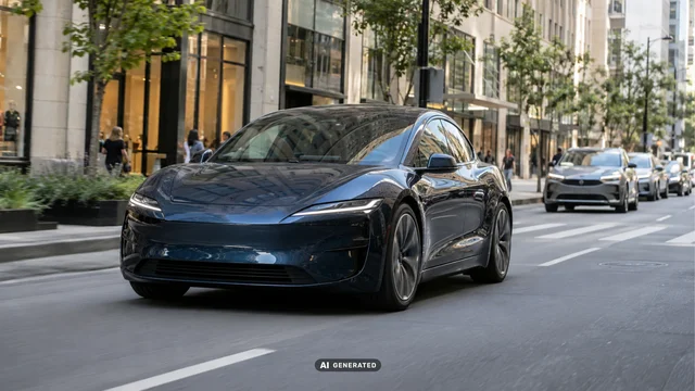 Ein dunkelblaues E-Auto fährt durch eine moderne Innenstadt, während weitere Fahrzeuge dahinter folgen.