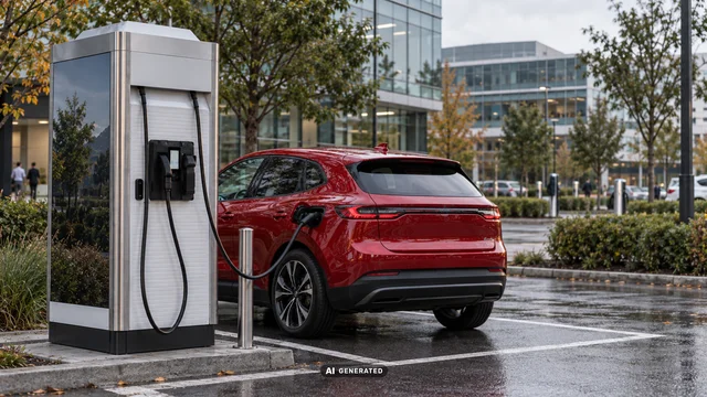 Ein rotes E-Auto lädt bei Regen an einer Ladesäule vor einem modernen Bürogebäude.