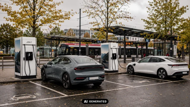 Zwei E-Autos stehen an JOLT-Ladesäulen auf einem Parkplatz neben einer Haltestelle.