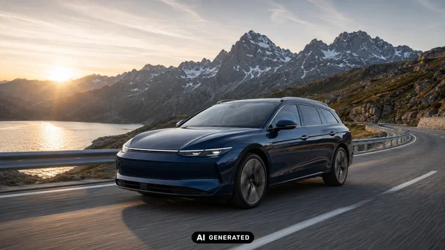Ein dunkles E-Auto fährt bei Sonnenuntergang auf einer Bergstraße entlang eines Sees.