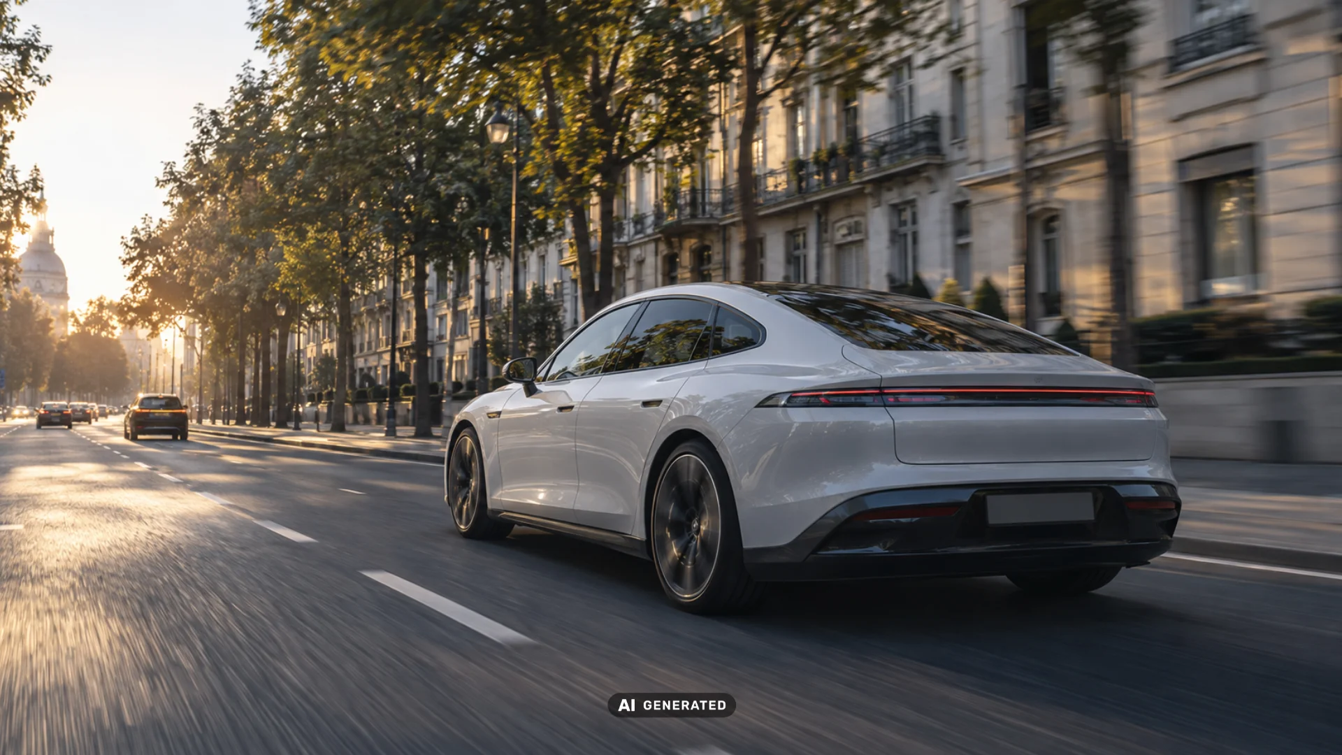 Ein weißes E-Auto fährt bei Sonnenuntergang durch eine breite Stadtstraße mit Bäumen und historischen Gebäuden.