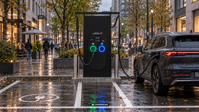 Ein schwarzes E-Auto lädt bei Regen an einer JOLT-Ladesäule in einer belebten Innenstadt.
