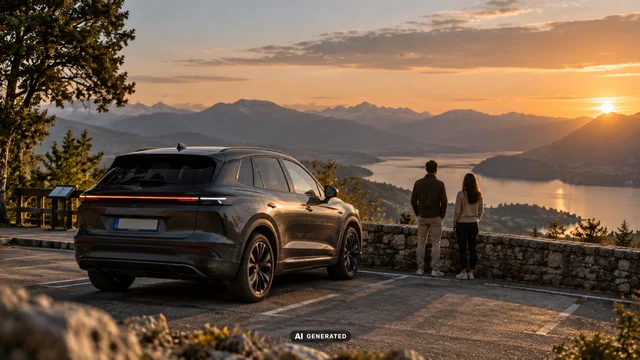 Ein E-Auto steht an einem Aussichtspunkt, während zwei Personen bei Sonnenuntergang auf einen See und die Berge blicken.