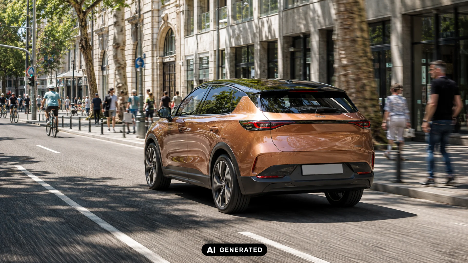 Ein orangefarbenes E-Auto fährt durch eine belebte Innenstadt mit Fußgängern und Radfahrern.