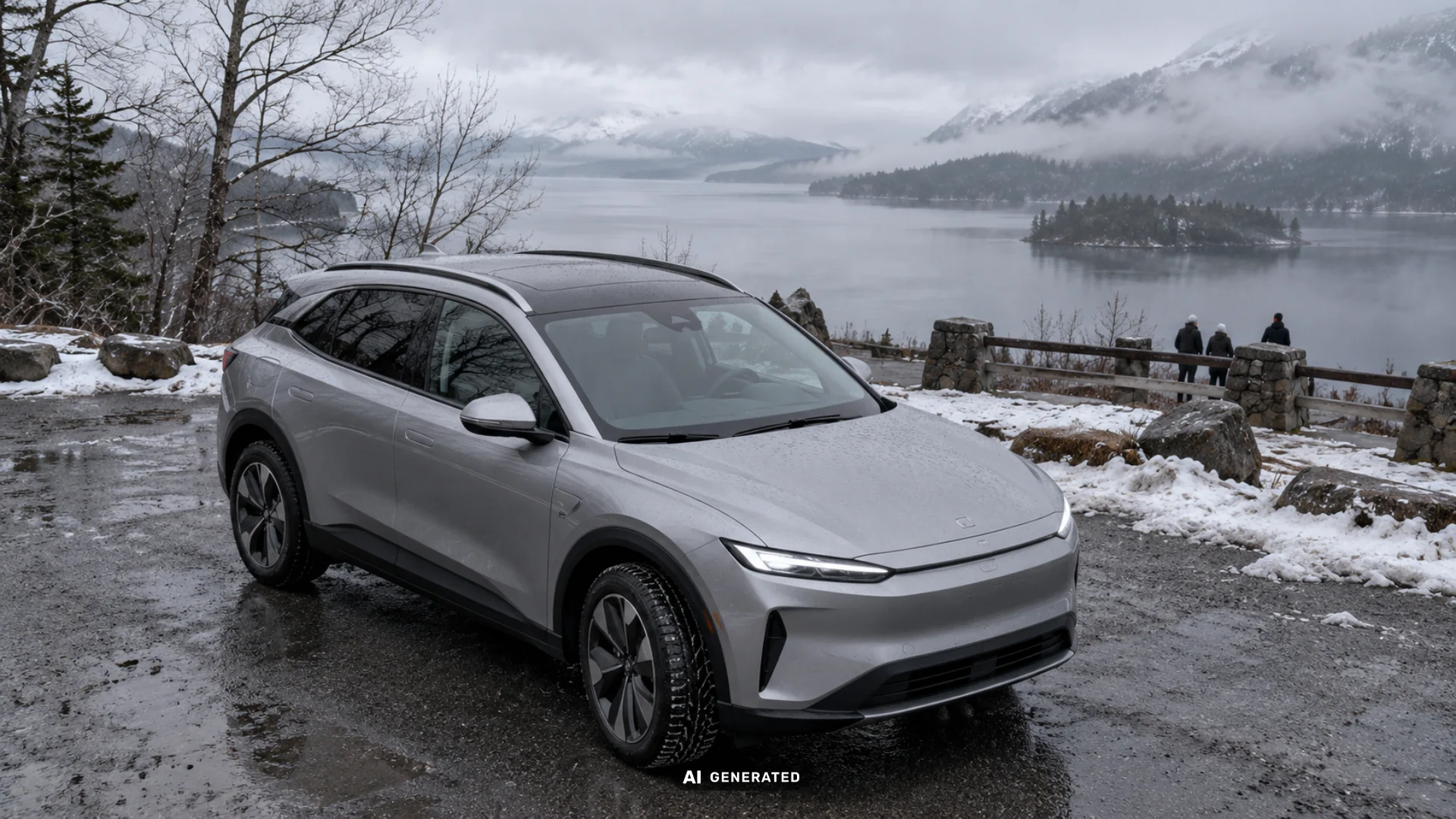 Ein silbernes E-Auto steht bei winterlichem Wetter auf einem nassen Parkplatz mit verschneiten Bergen und einem See im Hintergrund.