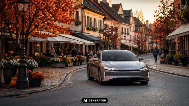 Ein E-Auto fährt im Herbst durch eine Straße mit buntem Laub, Cafés und herbstlicher Dekoration.