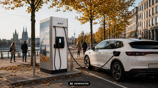 Ein weißes E-Auto lädt im Herbst an einer JOLT-Ladesäule in einer städtischen Umgebung.