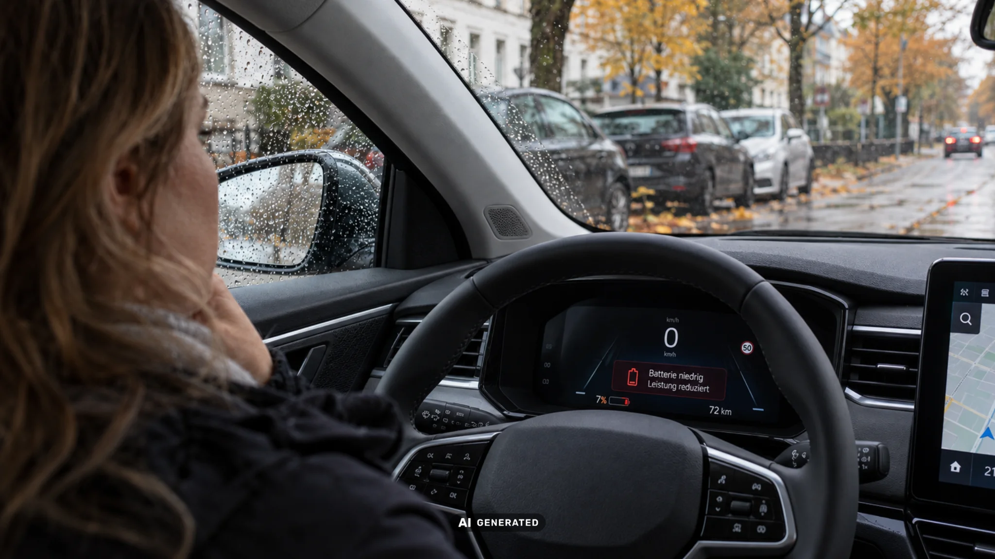 Eine Frau sitzt im E-Auto, während das Display einen niedrigen Batteriestand von 7 % und eine reduzierte Leistung anzeigt.