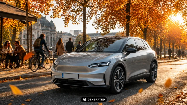 Ein silbernes E-Auto fährt an einem sonnigen Herbsttag durch eine Stadtstraße mit buntem Laub, Radfahrern und Fußgängern.