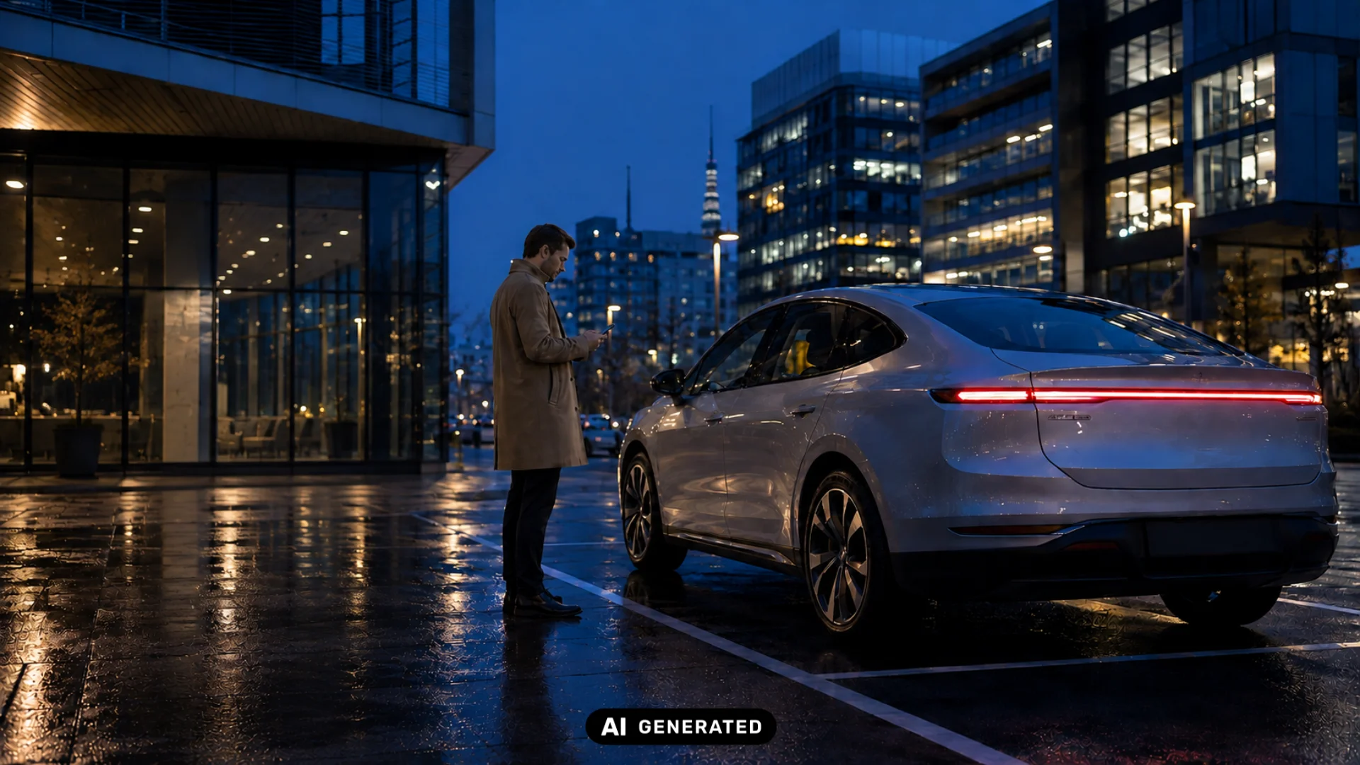 Ein Mann steht abends neben einem E-Auto in einem modernen Stadtviertel und schaut auf sein Smartphone.