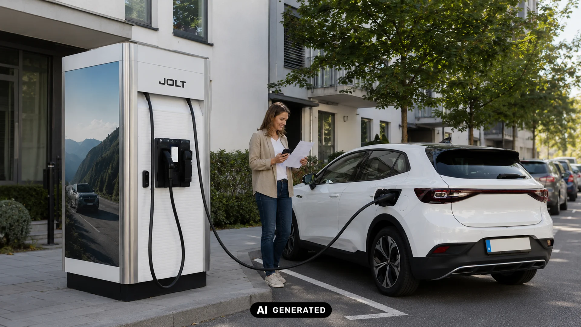 Eine Frau lädt ein weißes E-Auto an einer JOLT-Ladesäule und hält dabei Smartphone und Unterlagen in der Hand.