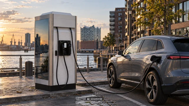 Ein graues E-Auto lädt an einer Ladesäule am Wasser mit moderner Stadt- und Hafenarchitektur im Hintergrund.