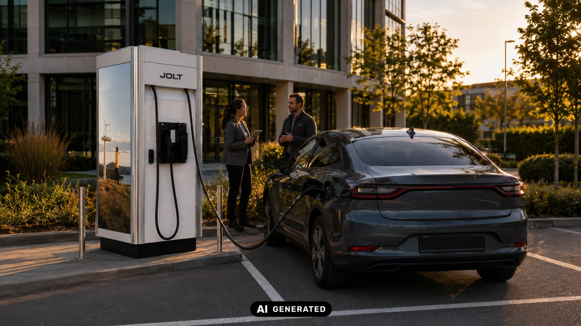 Ein E-Auto lädt an einer JOLT-Ladesäule, während zwei Personen daneben miteinander sprechen.