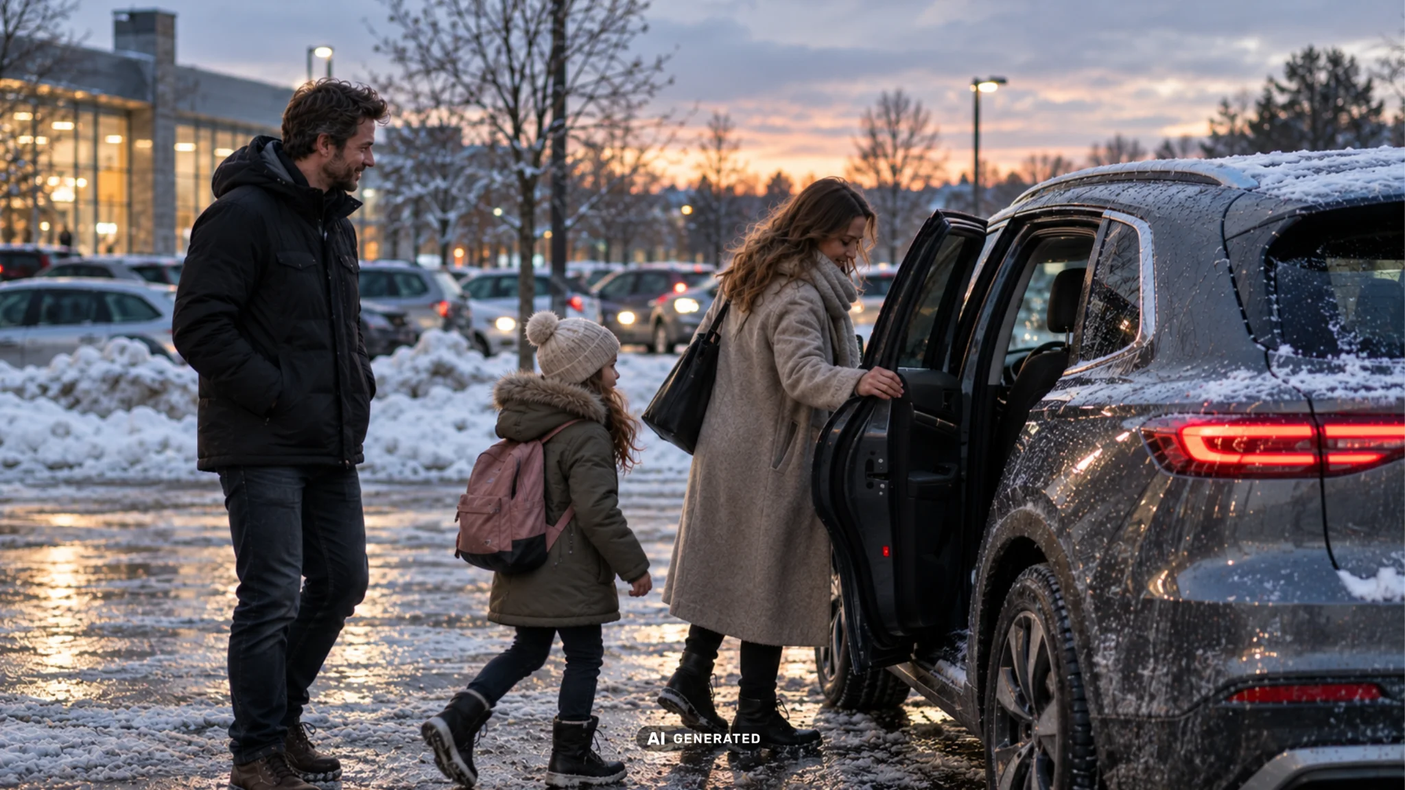 Eine Familie steigt an einem verschneiten Parkplatz in ein E-Auto ein.