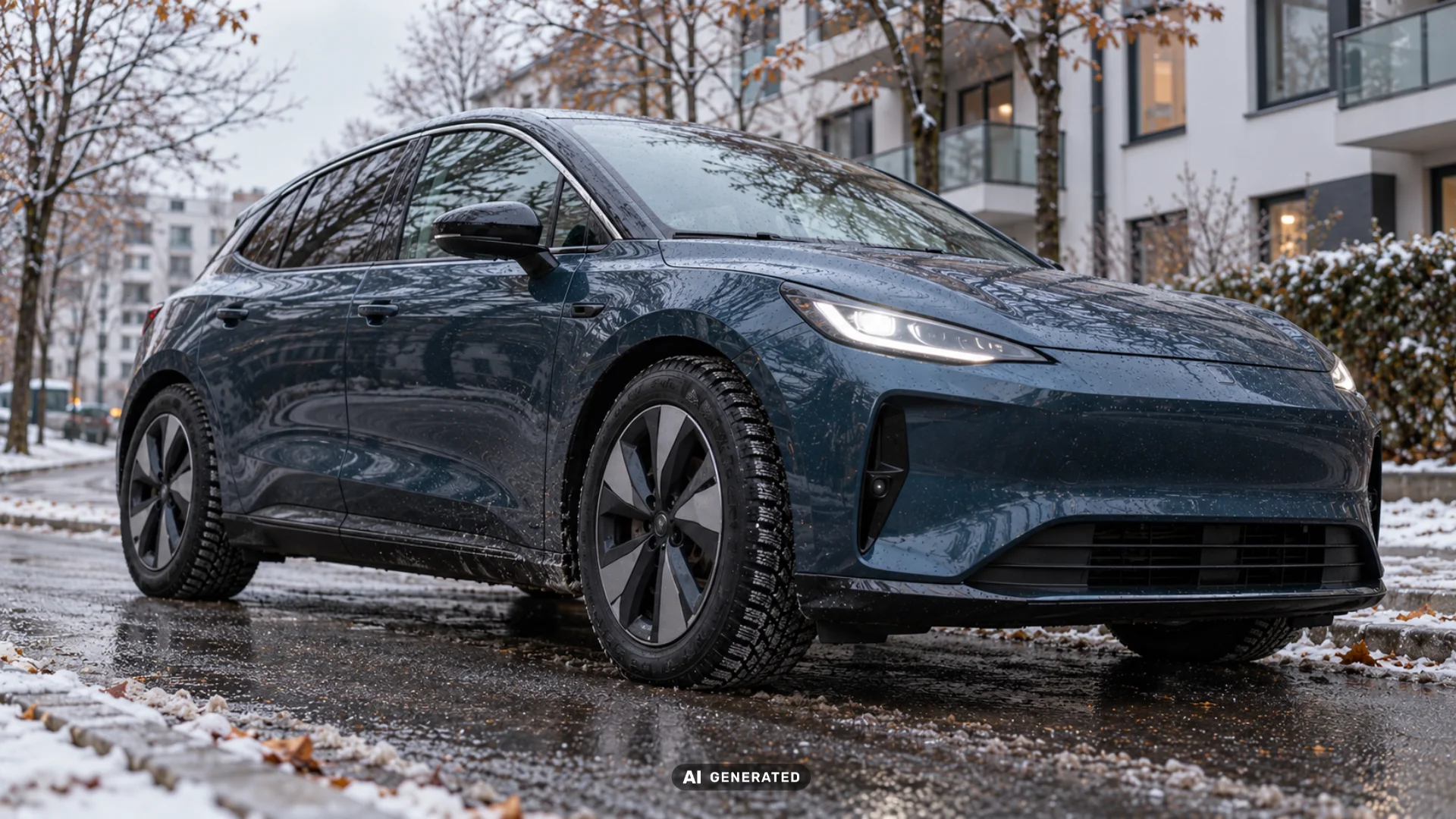 Ein dunkelblaues E-Auto mit Winterreifen steht auf einer nassen, leicht verschneiten Straße vor modernen Wohngebäuden.