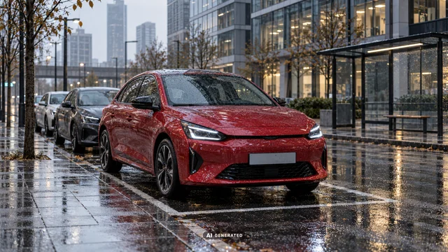 Ein rotes E-Auto steht bei Regen in einer modernen Innenstadt an einer Haltestelle.