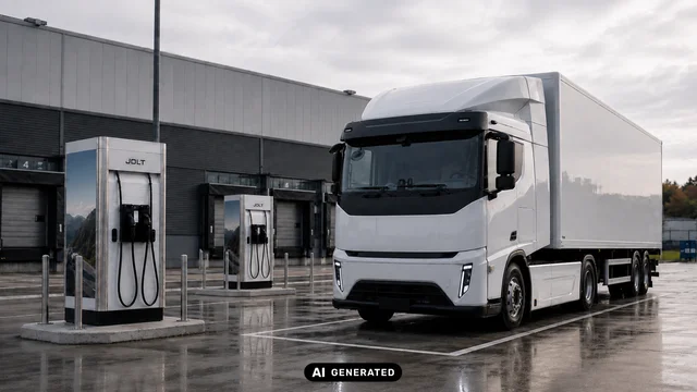 Ein weißer Elektro-Lkw steht auf einem Betriebsgelände neben zwei JOLT-Ladesäulen.