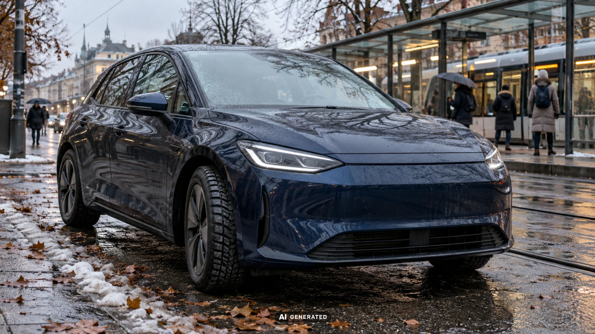 Ein dunkelblaues E-Auto steht an einem kalten, regnerischen Herbst-/Wintertag in einer europäischen Innenstadt vor einer Haltestelle mit Straßenbahn und Passanten.