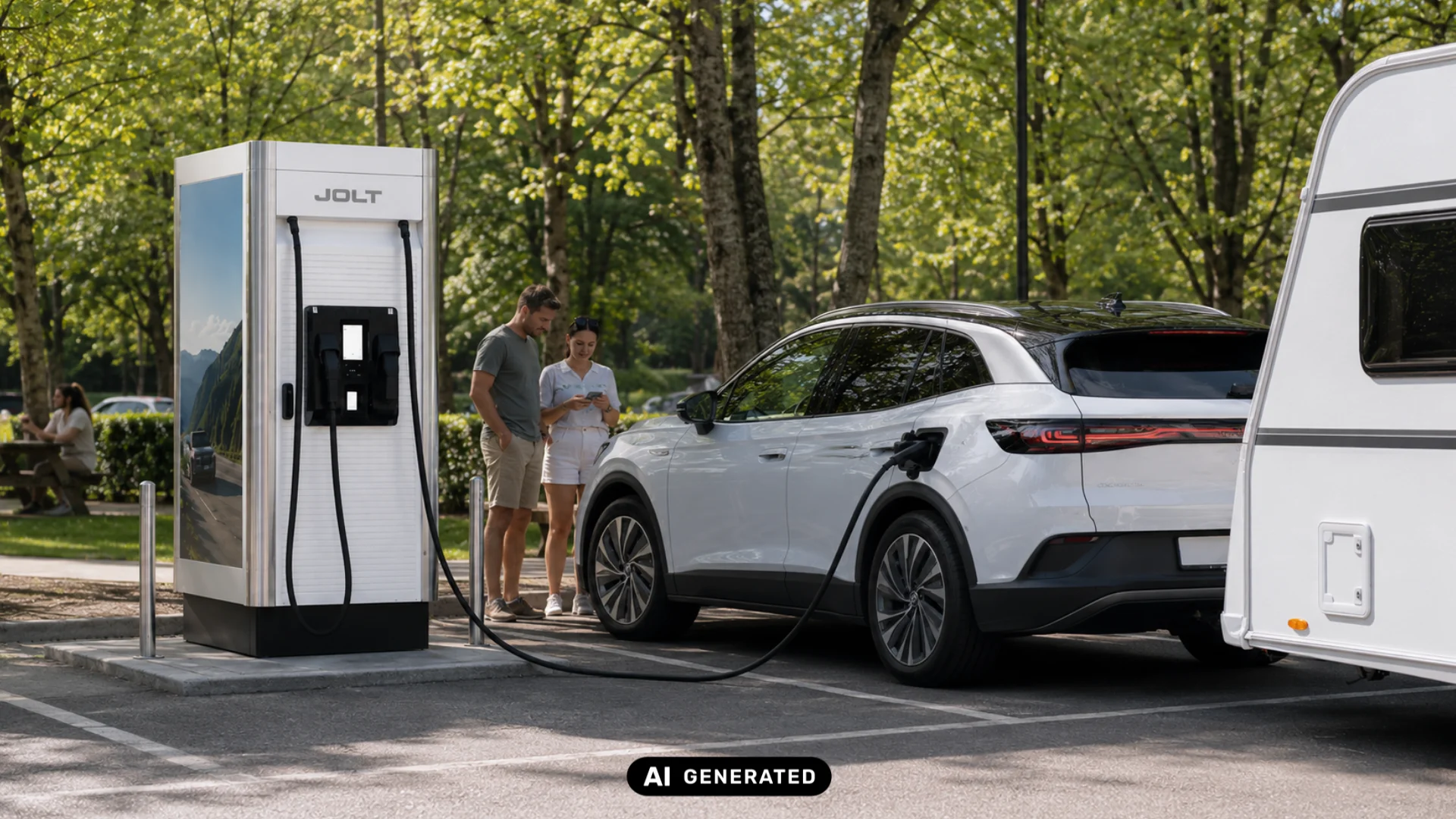 ev with caravan at jolt charging station