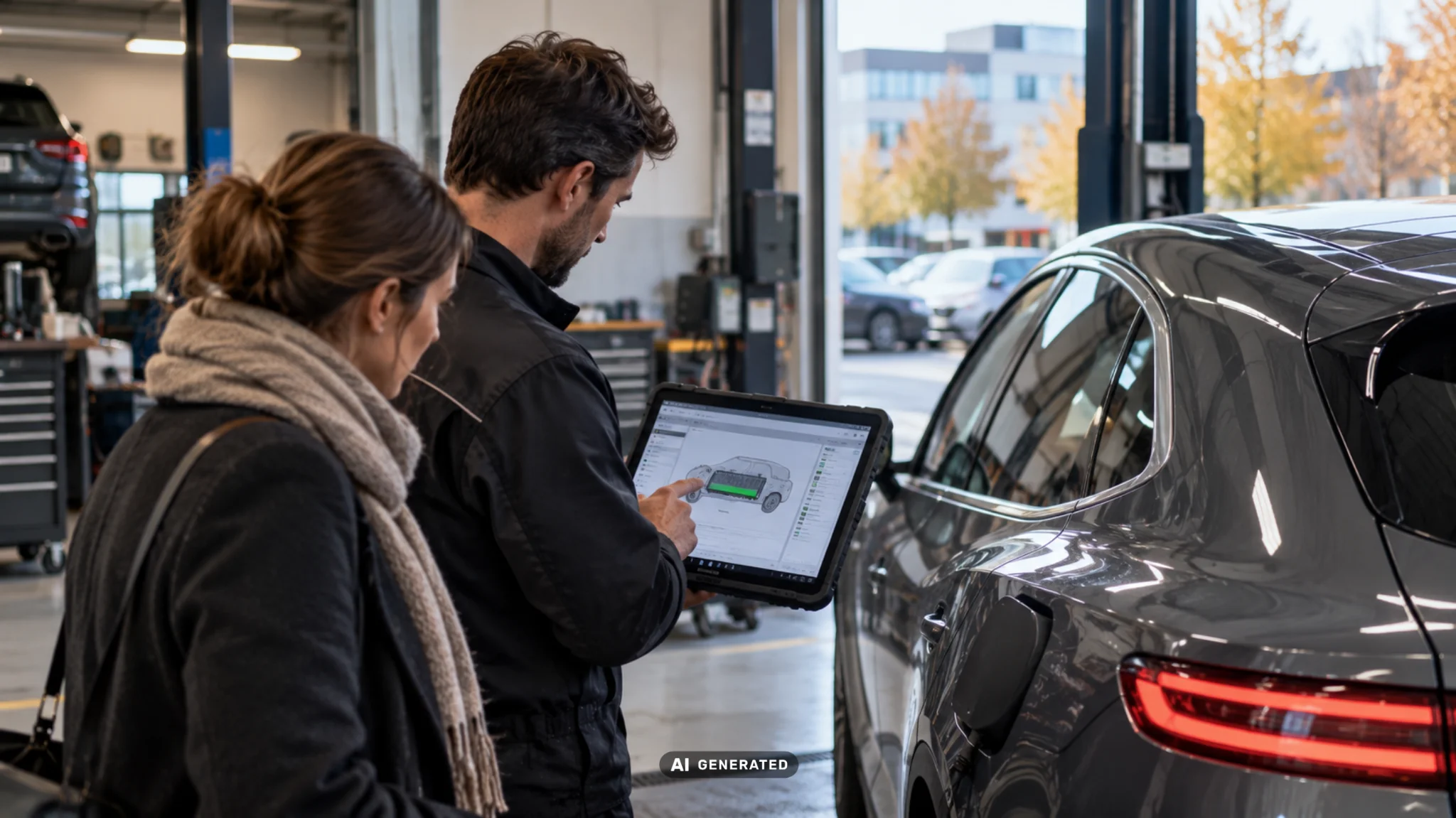 Ein Mann zeigt einer Frau in einer Werkstatt auf einem Tablet den Zustand der Batterie eines E-Autos.