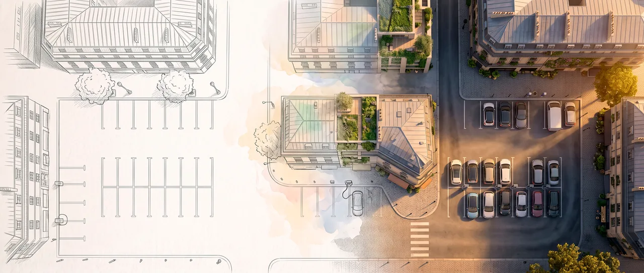 Aerial view of an urban JOLT charging network between car parks and buildings