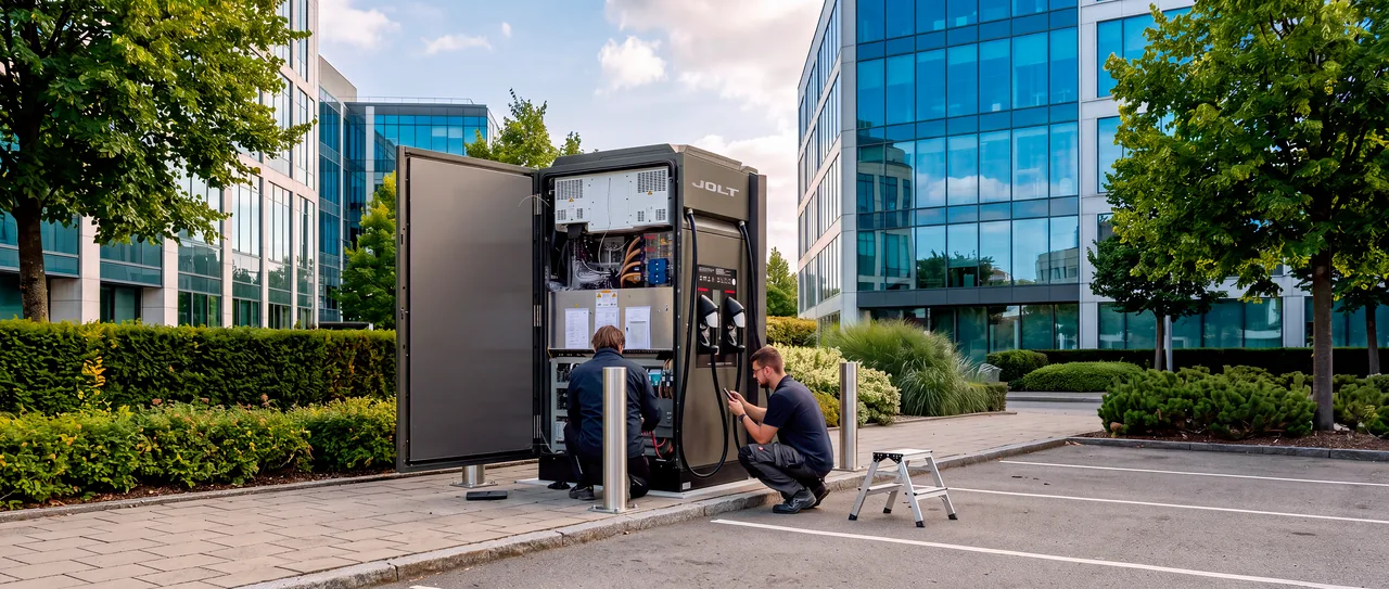 JOLT-technici werken aan een snellader in een zakenwijk