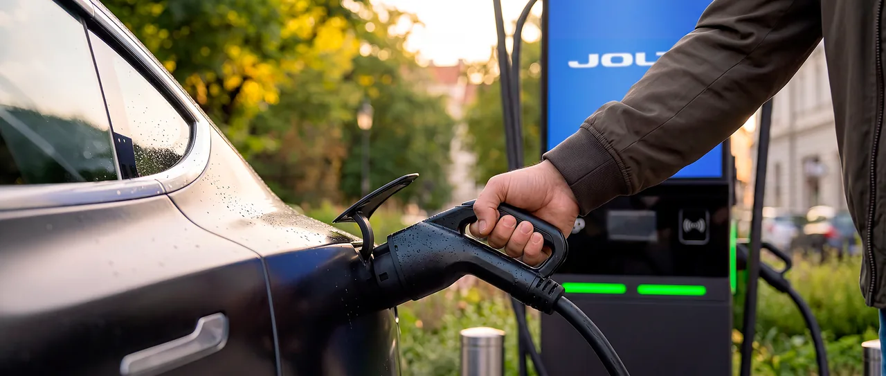 A driver plugging an electric car into a JOLT ultra-fast charger