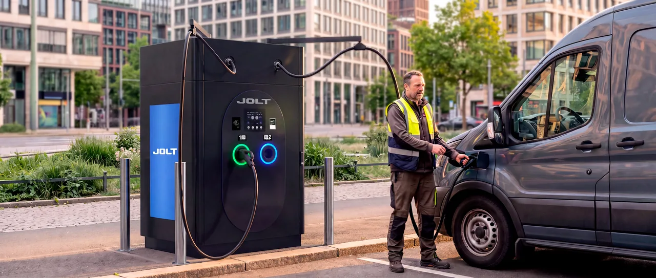 Electric van charging at a JOLT ultra-fast charger in an urban district