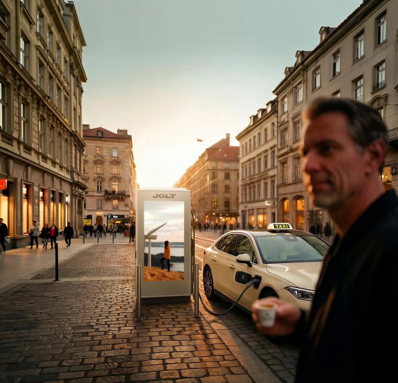 Elektroauto lädt an einem JOLT Ladepunkt neben einem Taxi, während eine Person Kaffee trinkt