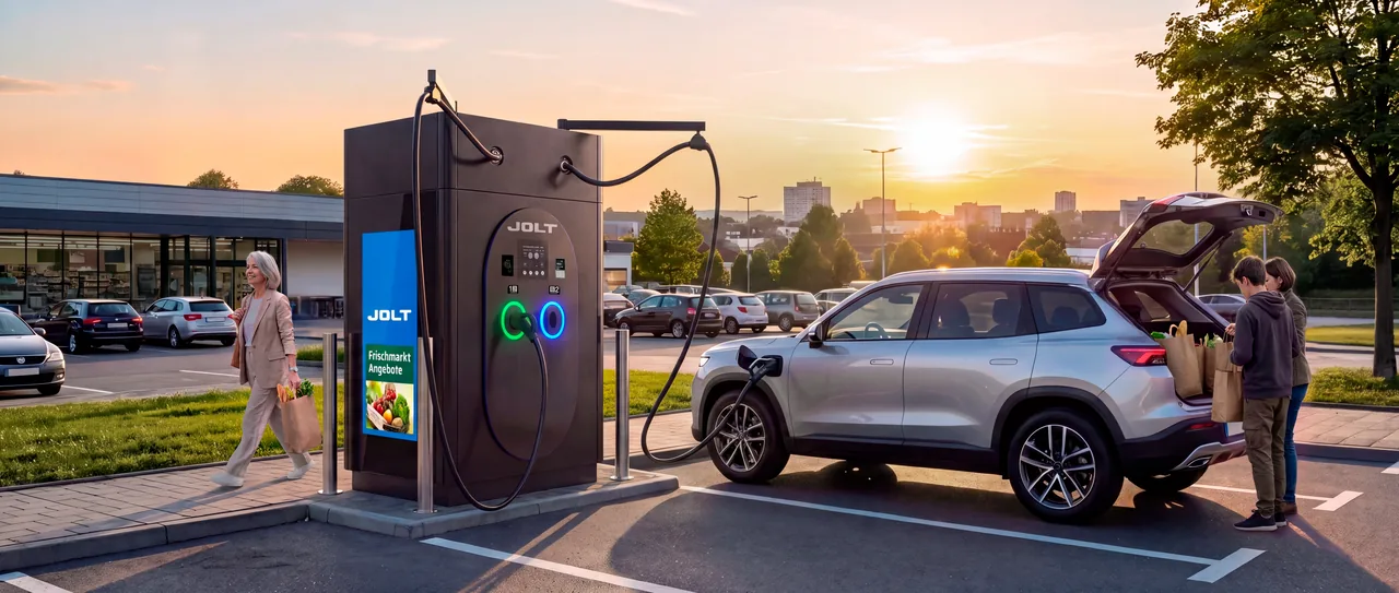 Family with a shopping trolley near a JOLT charger while shopping