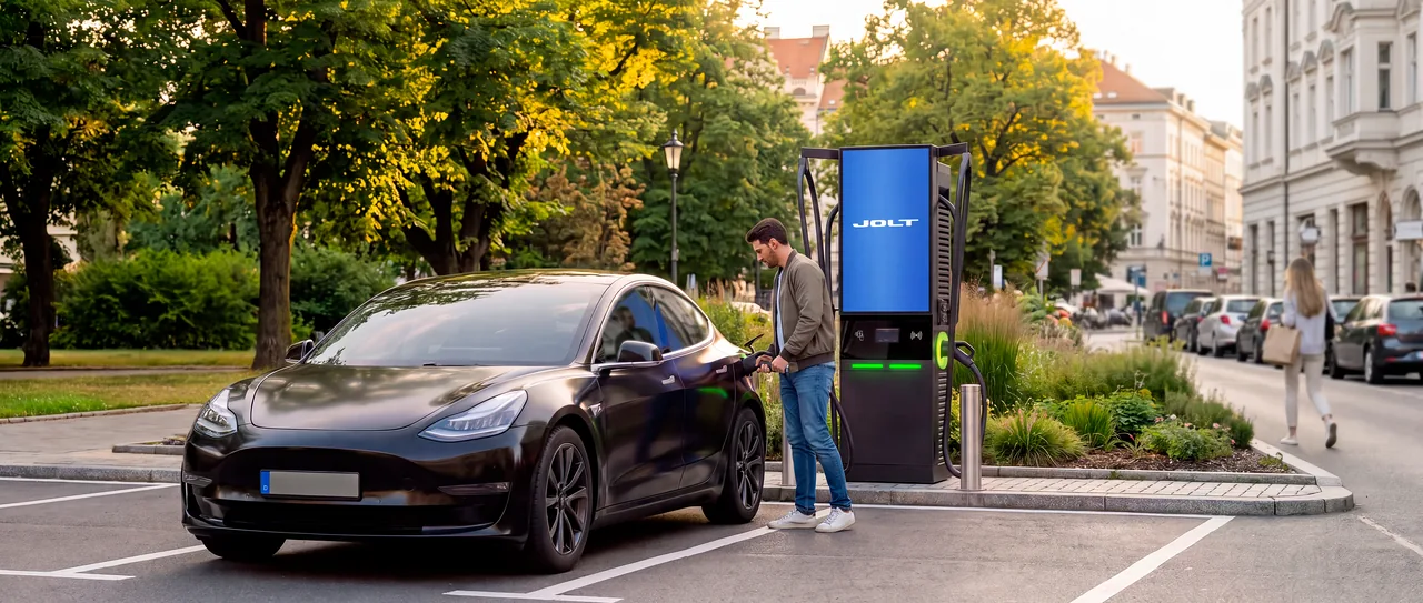 Elektroauto lädt an einem JOLT Schnelllader in einer urbanen Straße