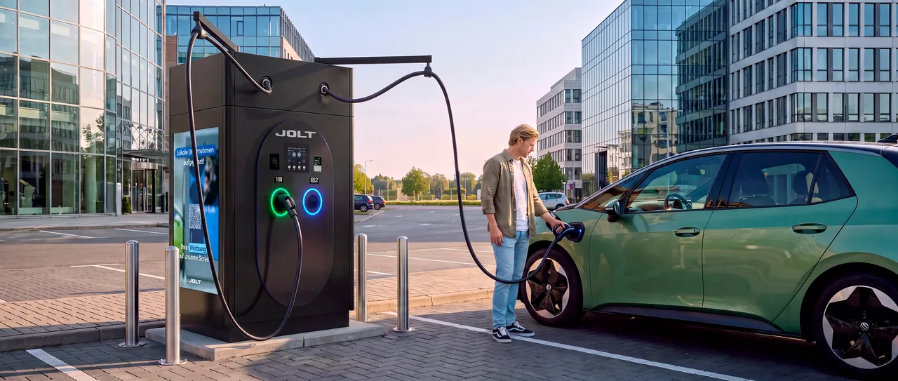 Elektroauto lädt an einem JOLT Ultra-Schnelllader im modernen Geschäftsviertel